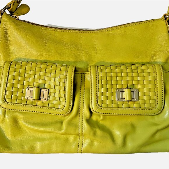 Elliott Lucca Handbags - Elliott Lucca Citron Leather Satchel Bag Woven Accents Gold Hardware Zip/Toggles